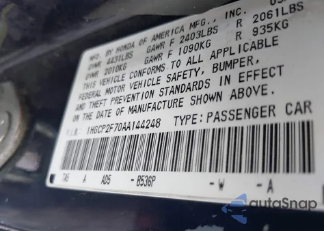 2010 Honda Accord 2.4 Ex z USA, uszkodzony, nr VIN 1HGCP2F70AA144248